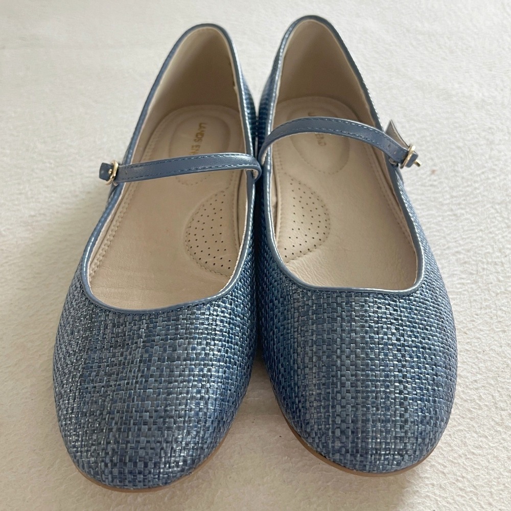 Lands End Mary Jane Flats Women 6.5 Blue Woven Textured Buckle Strap Shoes - Picture 4 of 12